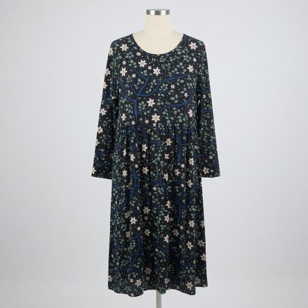 NWT Gudrun Sjoden Rimfrost Dress Large Fit & Flare Black Floral Lagenlook Artsy